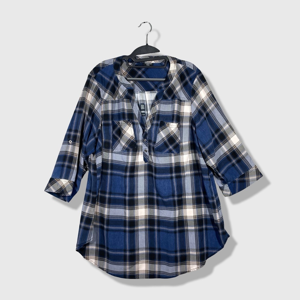 Torrid Harper‎ Georgette Pullover Women 1X Blue Plaid Classic Casual Career Top